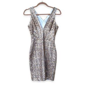 DRESS THE POPULATION | Silver & Gold Bodycon Mini Dress (Small)
